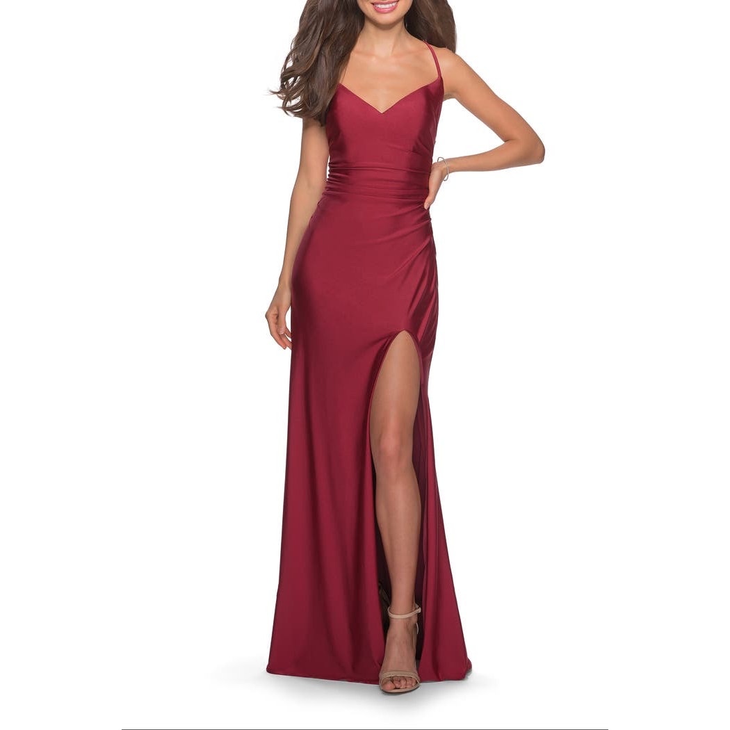 La Femme Red Long Jersey Prom Gown Formal Slit Criss Cross Back Size 6